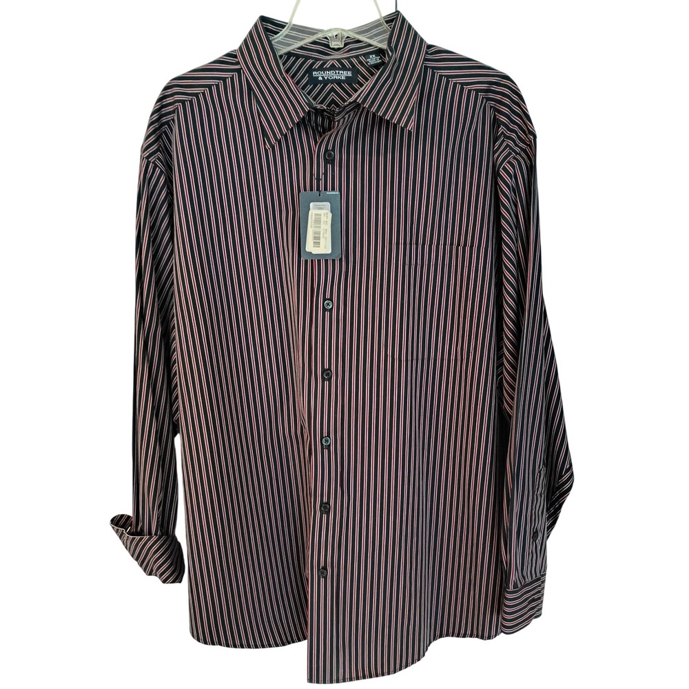 Roundtree & Yorke Mens 2X Long Sleeve Striped Button Down Shirt Navy Red Cotton